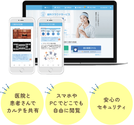 医院と患者さんでカルテを共有、スマホやPCでどこでも自由に閲覧、安心のセキュリティ